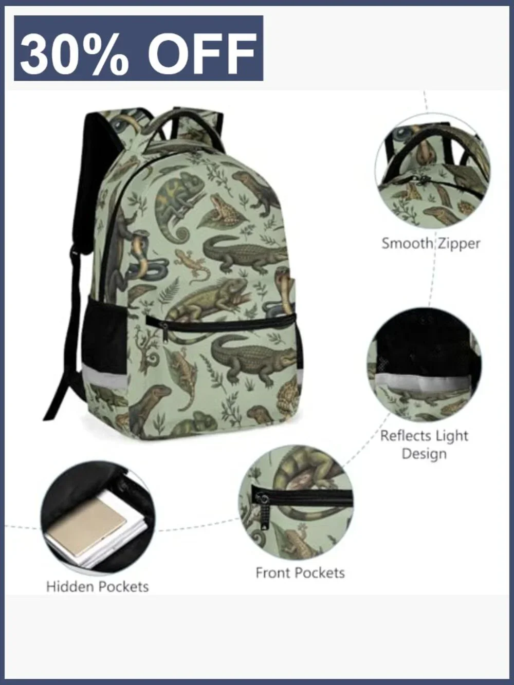 Realistic Reptile Backpack for Kids, 17 Inch, Water Resistant, with Reflective